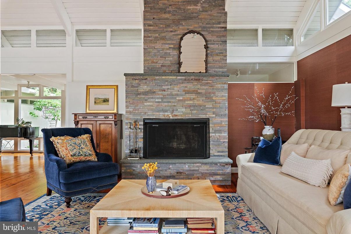 Fireplace, Interior, Living room, Piano, Stone Walls, Wood Texture Flooring