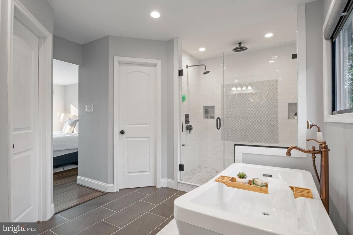 Bathroom, Bedroom, Glass Shower, Interior, Recessed Lighting, Wood Texture Flooring