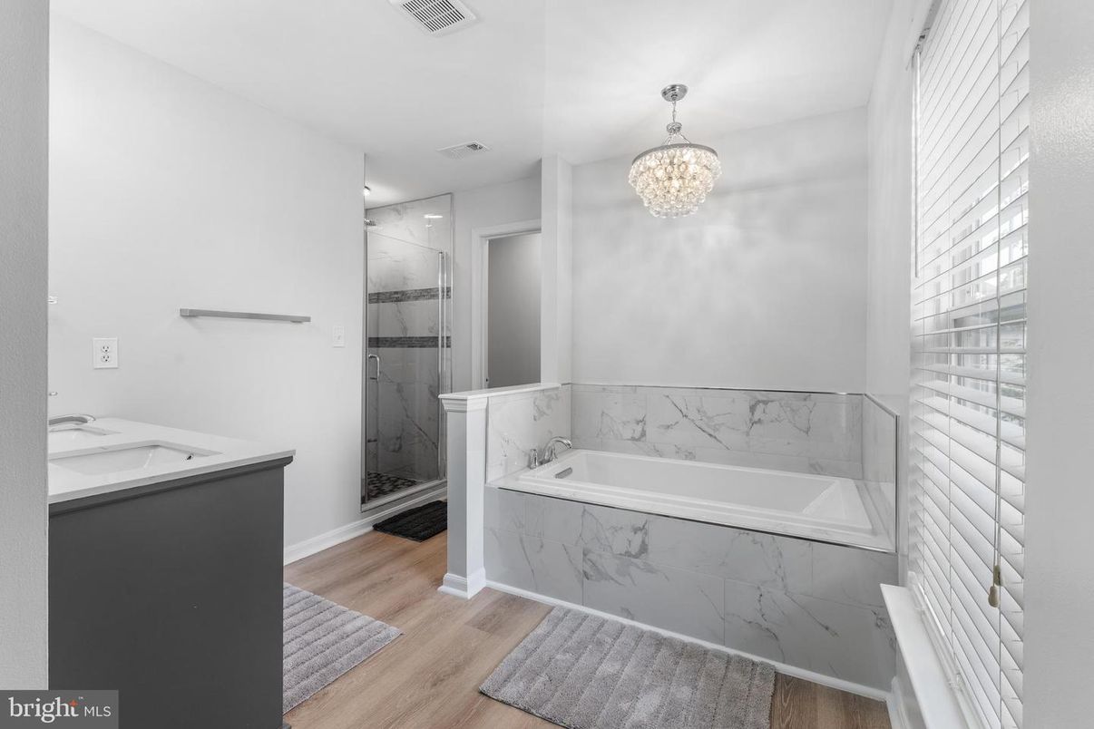 Bathroom, Chandelier, Interior, Marble Walls, Wood Texture Flooring