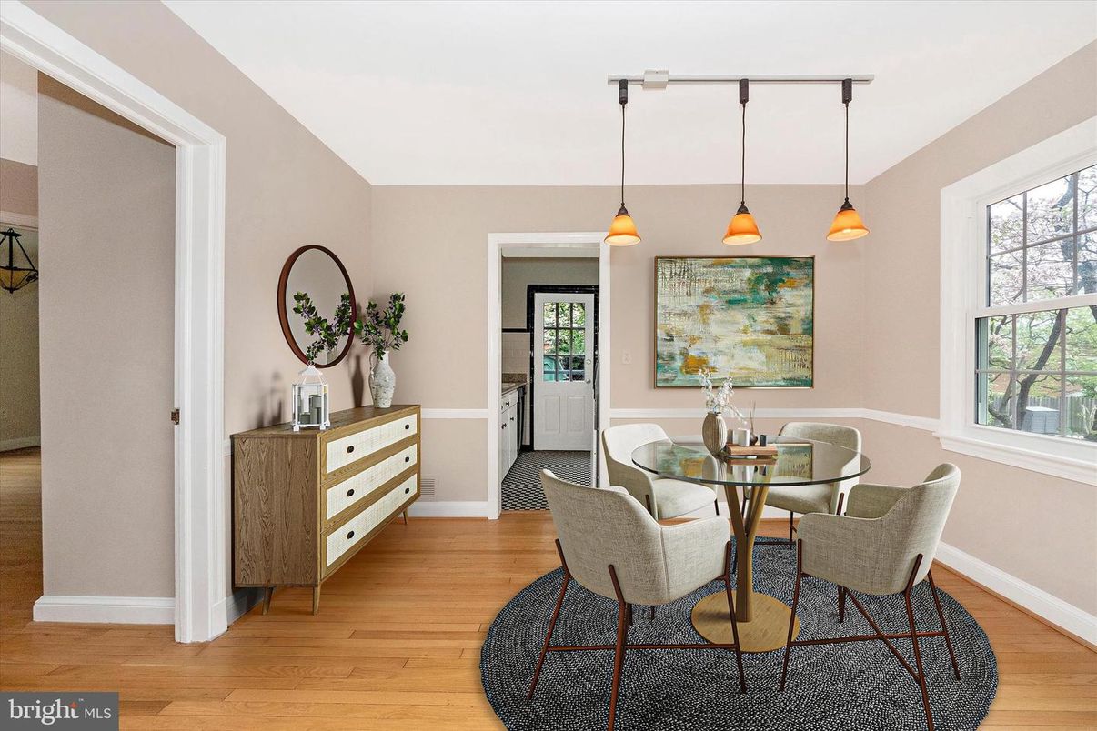 Dining room, Interior, Pendant Lights, Wood Texture Flooring