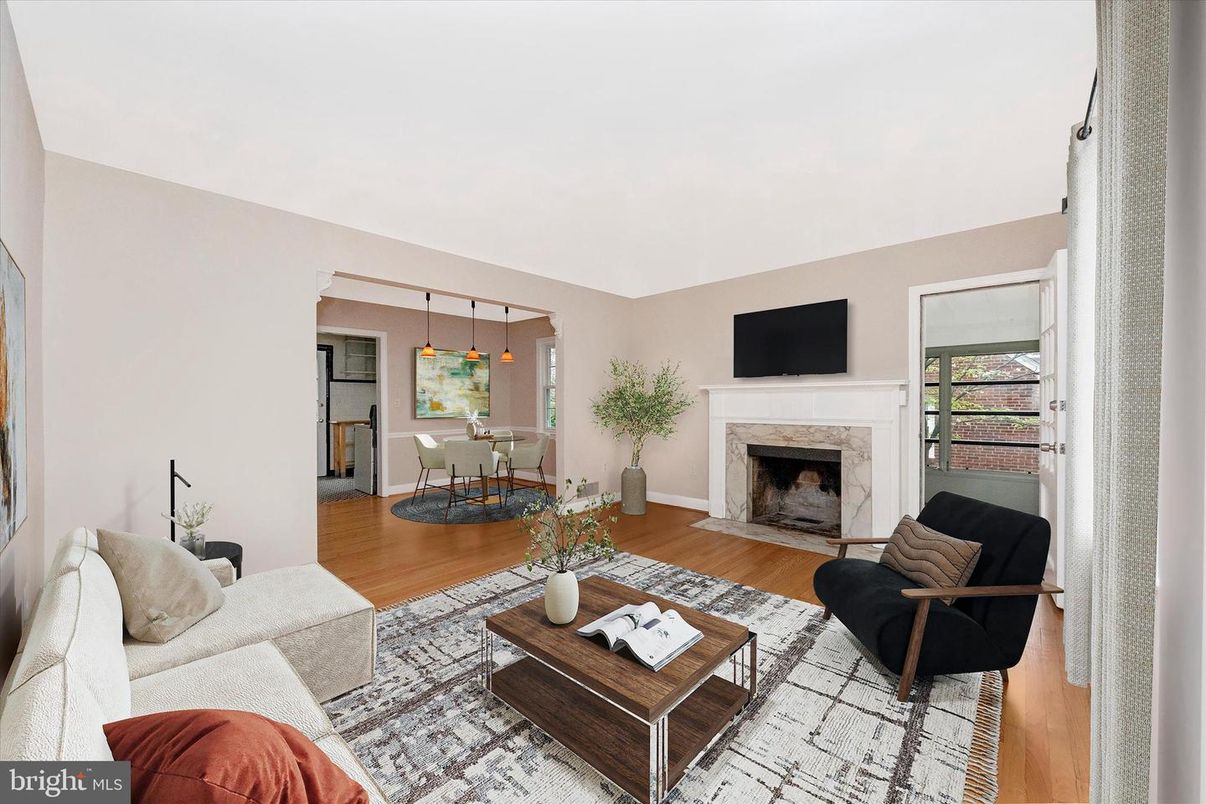 Dining room, Fireplace, Interior, Living room, Pendant Lights, Wood Texture Flooring