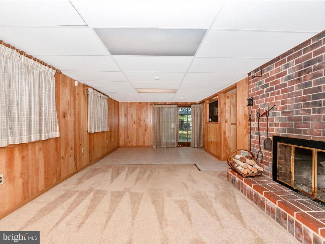 Empty room, Fireplace, Interior, Recessed Lighting, Stone Walls, Wooden Walls