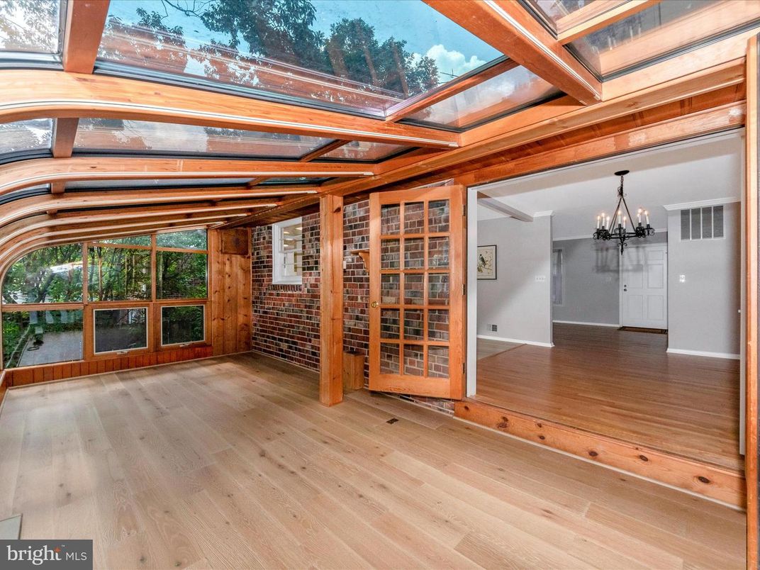 Chandelier, Empty room, Glass Ceilings, Interior, Stone Walls, Wooden Beams, Wood Texture Flooring