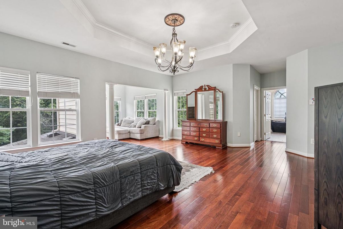 Bedroom, Chandelier, Interior, Wood Texture Flooring