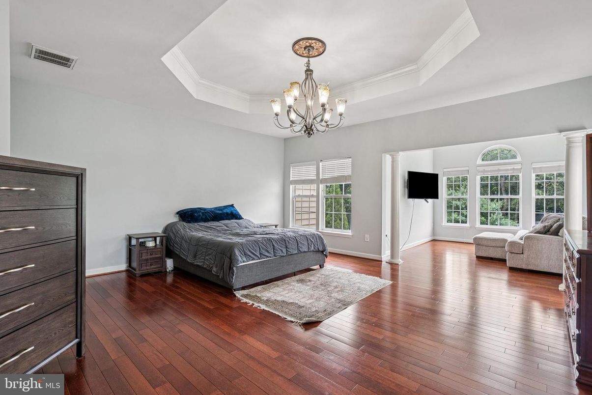 Bedroom, Chandelier, Interior, Wood Texture Flooring