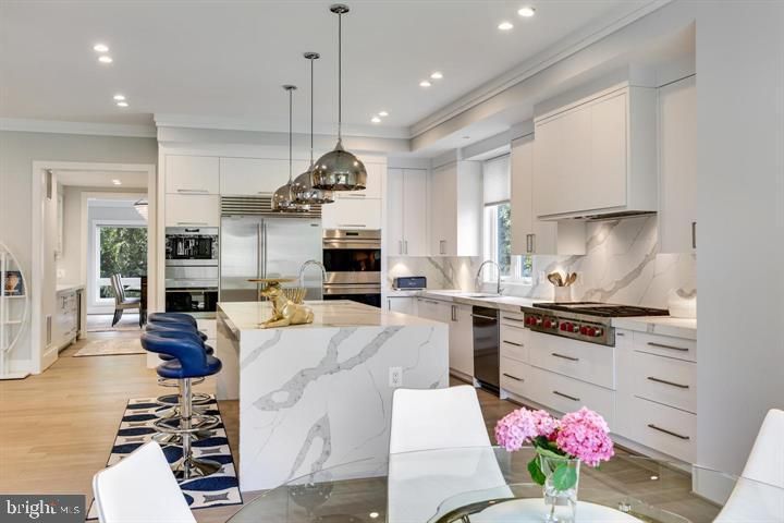 Interior, Kitchen, Pendant Lights, Recessed Lighting, Stainless Steel Appliances, Wood Texture Flooring