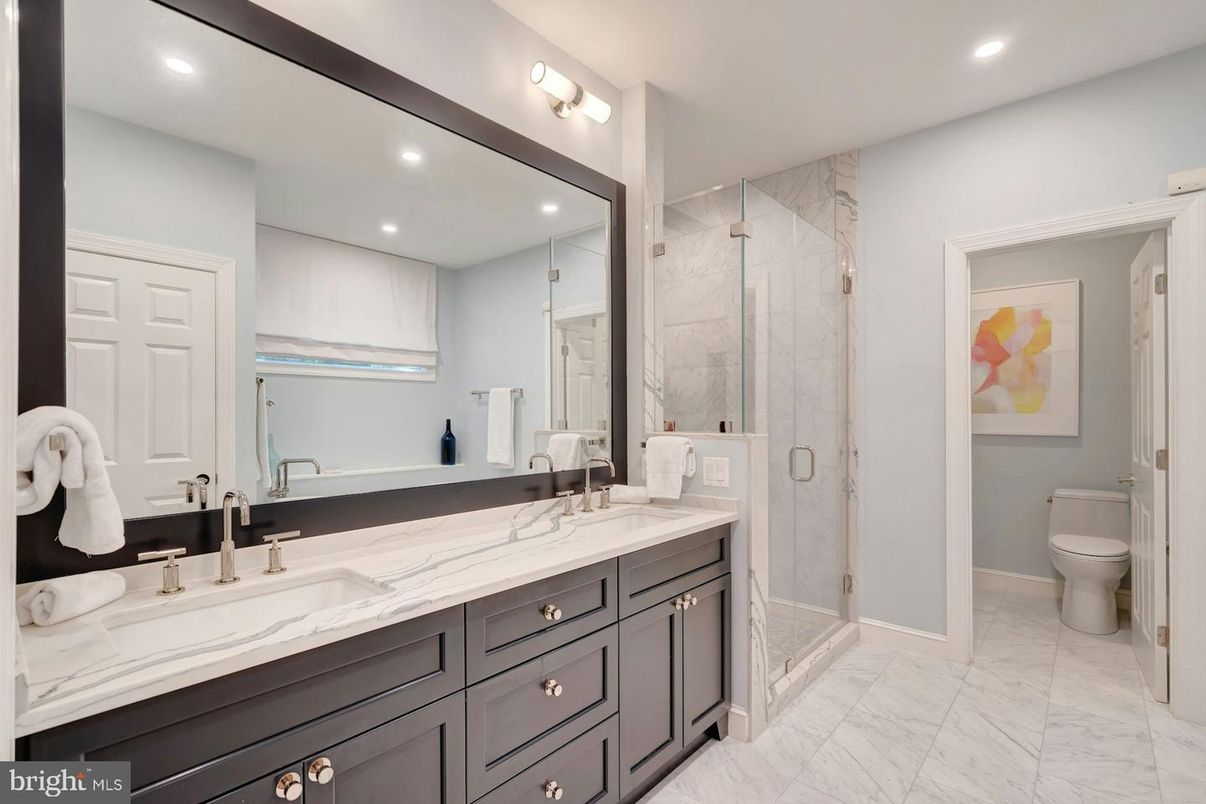 Bathroom, Dual Sink Vanities, Glass Shower, Interior, Marble, Recessed Lighting