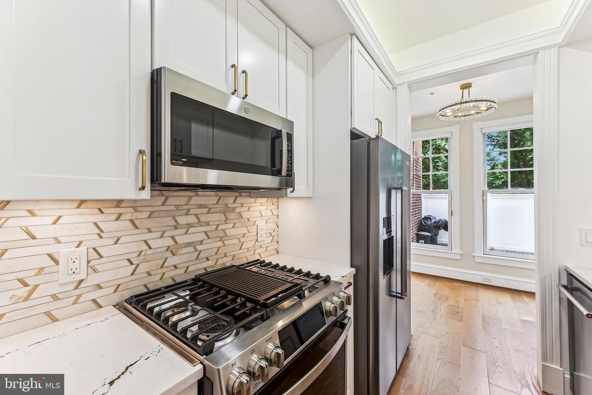 Chandelier, Interior, Kitchen, Pendant Lights, Stainless Steel Appliances, Wood Texture Flooring
