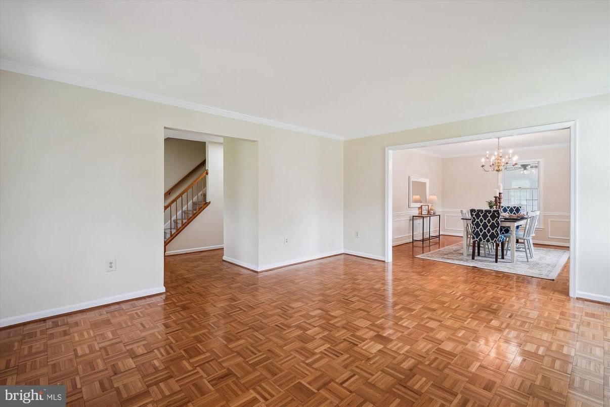 Chandelier, Dining room, Empty room, Interior, Wood Texture Flooring