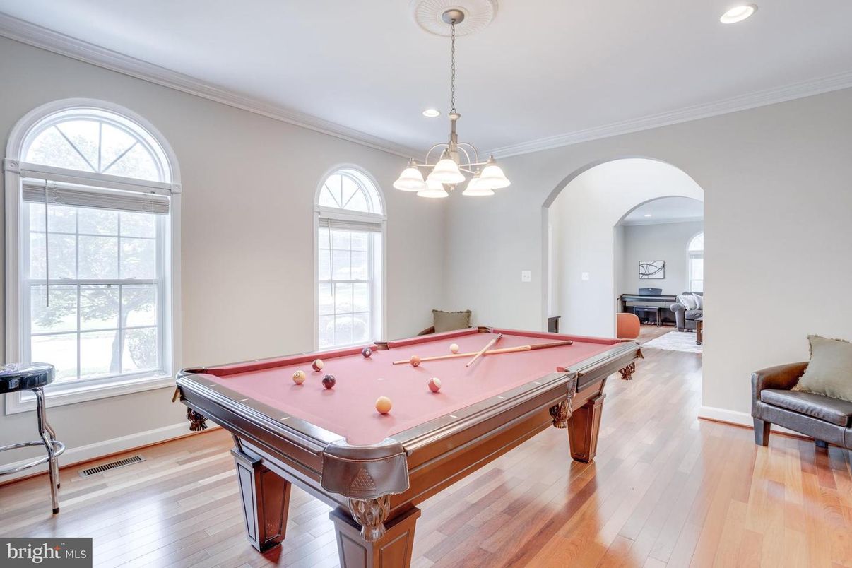 Billiard Table, Game Room, Interior, Pendant Lights, Recessed Lighting, Wood Texture Flooring