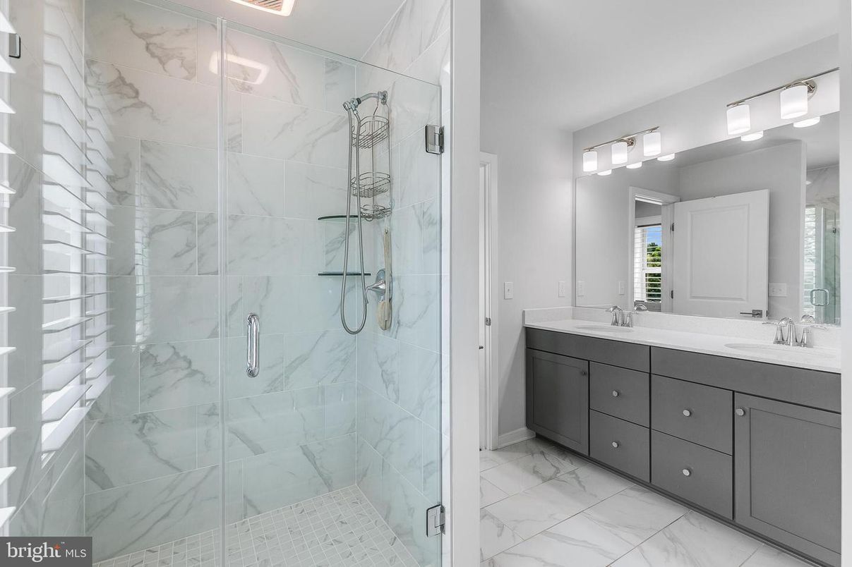 Bathroom, Dual Sink Vanities, Glass Shower, Interior, Marble, Marble Walls