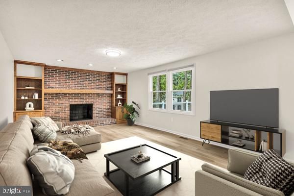 Fireplace, Interior, Living room, Recessed Lighting, Stone Walls, Wood Texture Flooring