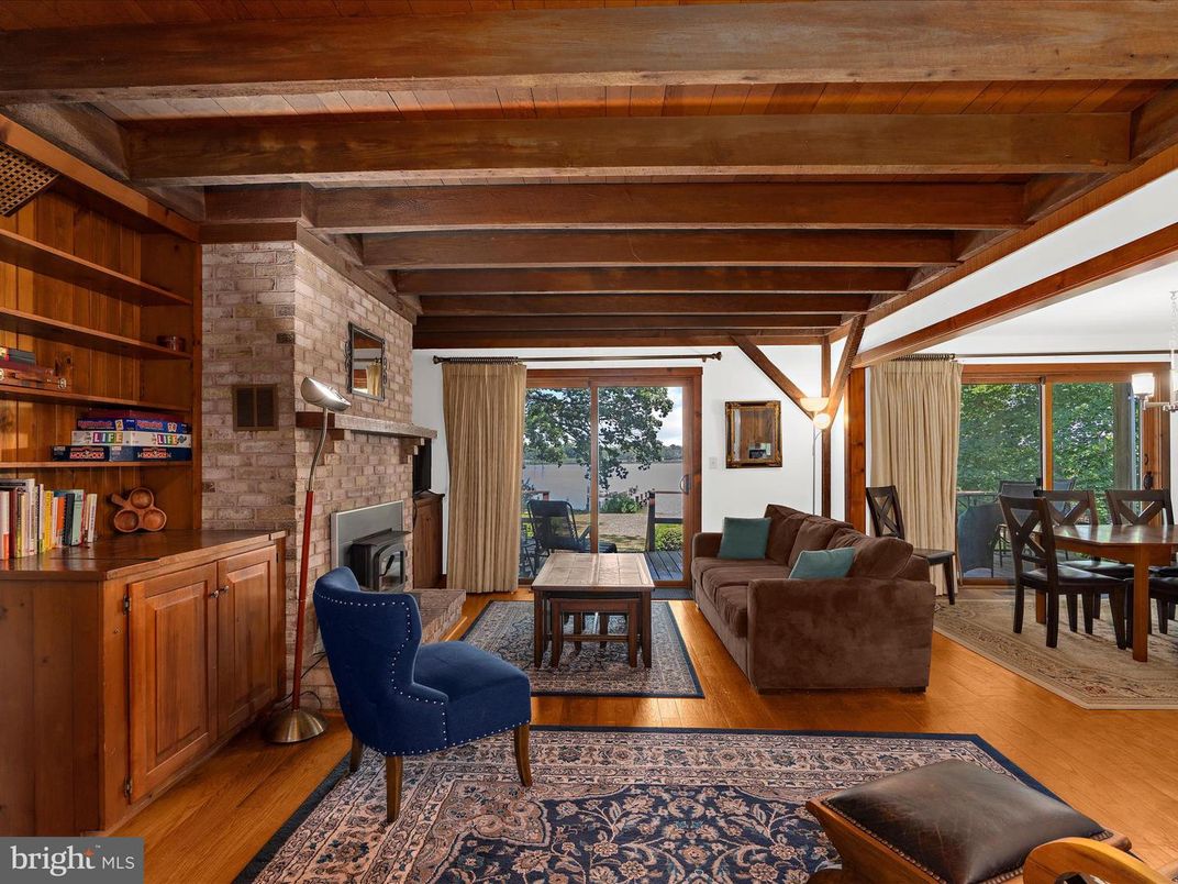 Dining room, Fireplace, Interior, Living room, Stone Walls, Wooden Beams, Wooden Ceilings, Wood Texture Flooring