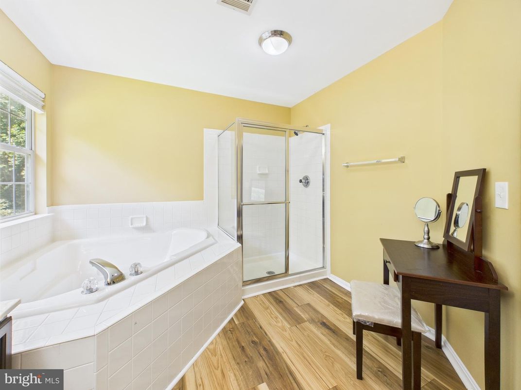 Bathroom, Glass Shower, Interior, Tile Countertops, Wood Texture Flooring