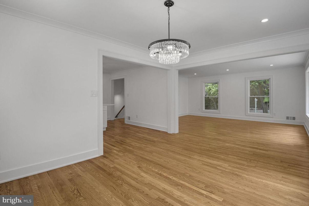 Chandelier, Empty room, Interior, Recessed Lighting, Wood Texture Flooring
