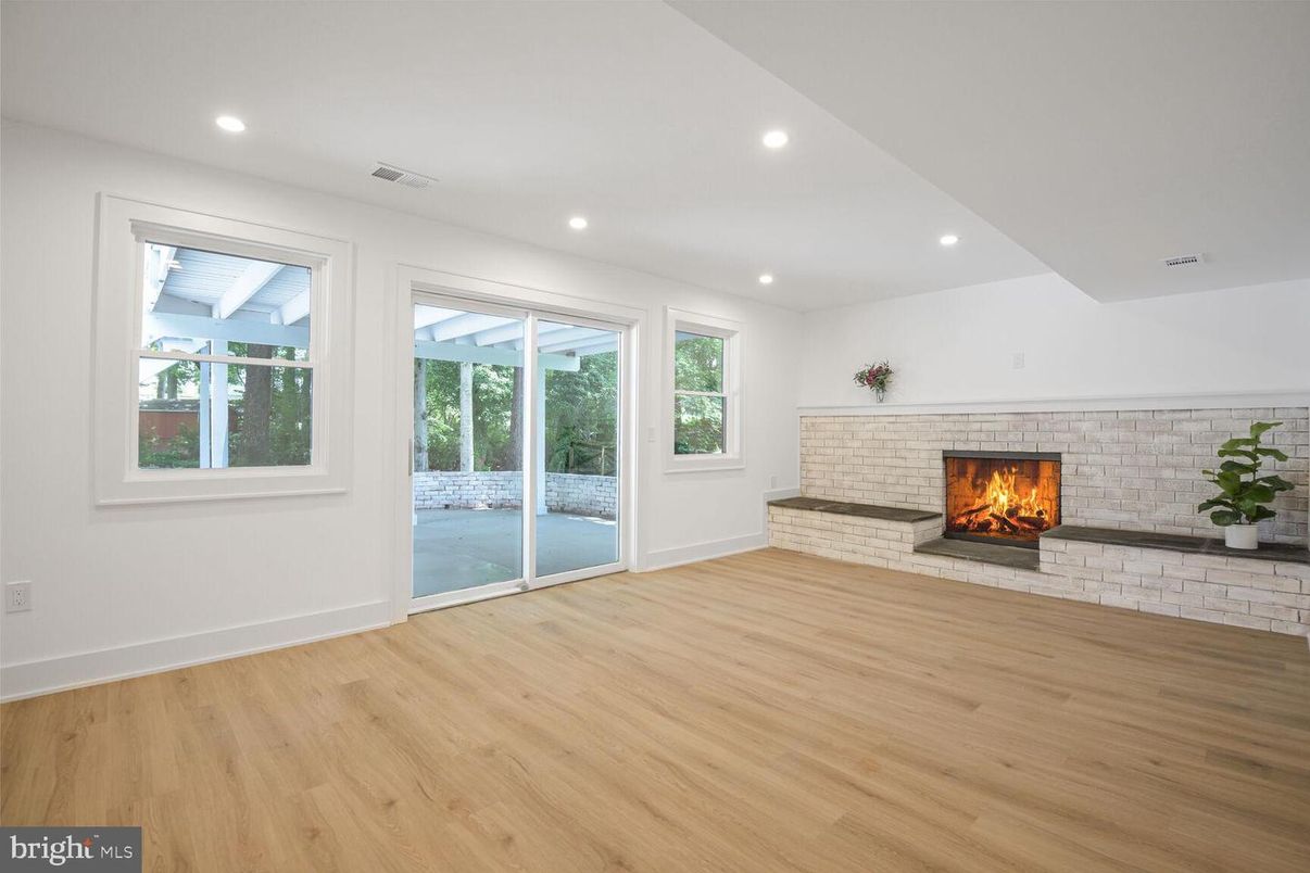 Empty room, Fireplace, Interior, Recessed Lighting, Wood Texture Flooring
