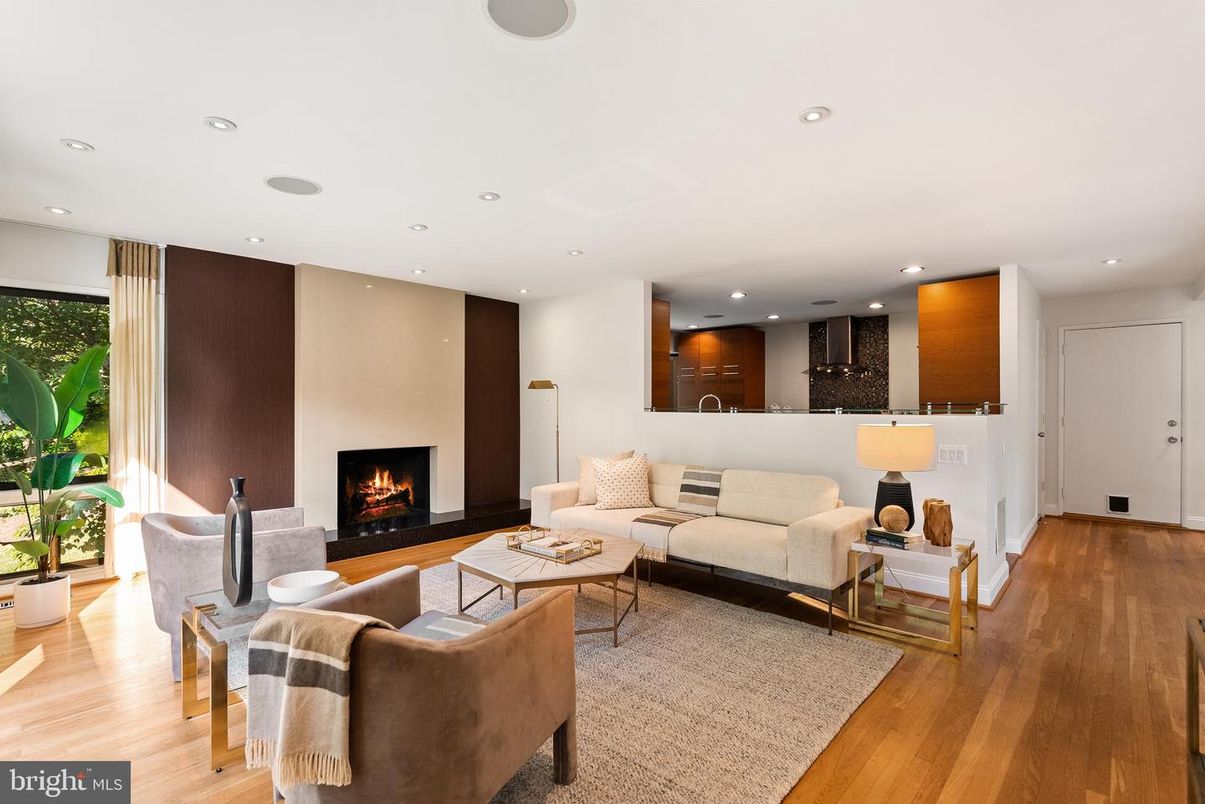 Fireplace, Interior, Living room, Recessed Lighting, Wood Texture Flooring
