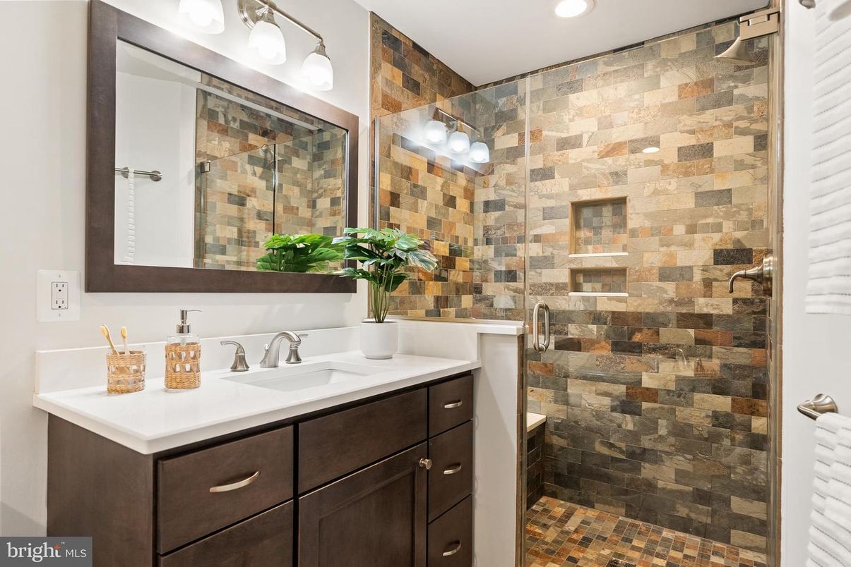 Bathroom, Glass Shower, Interior, Recessed Lighting, Stone Walls