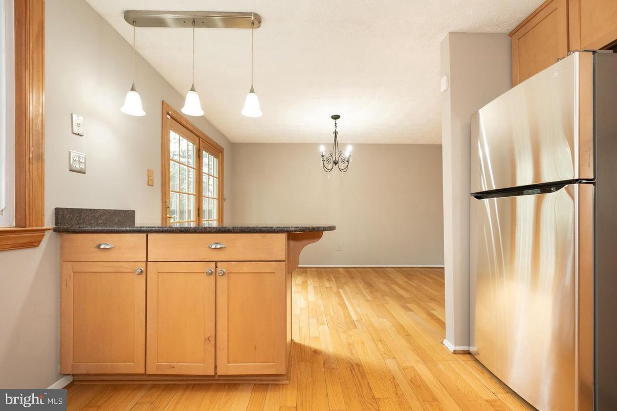Chandelier, Interior, Kitchen, Pendant Lights, Stainless Steel Appliances, Wood Texture Flooring