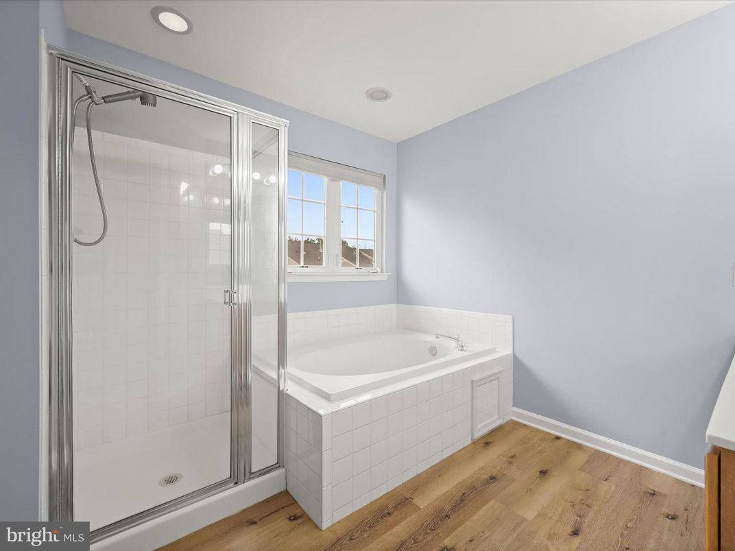 Bathroom, Glass Shower, Interior, Recessed Lighting, Wood Texture Flooring