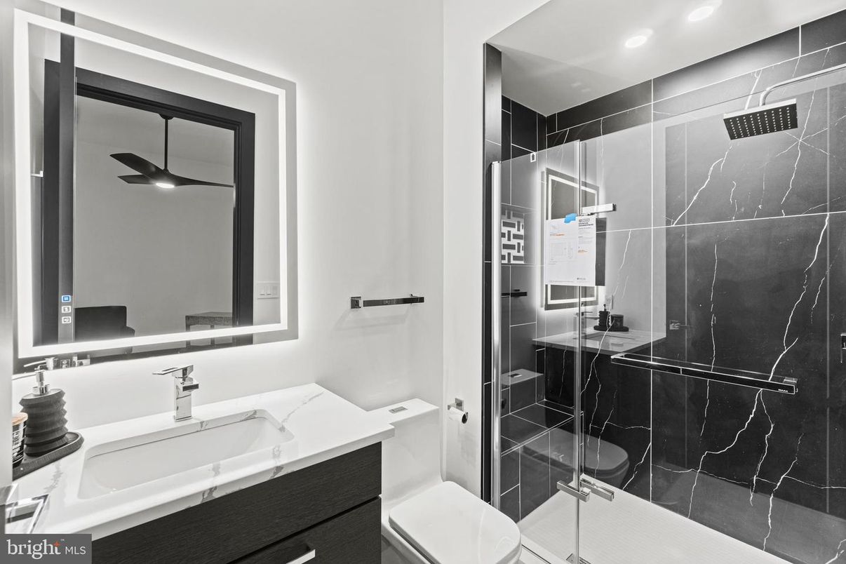 Bathroom, Glass Shower, Interior, Marble Walls, Recessed Lighting