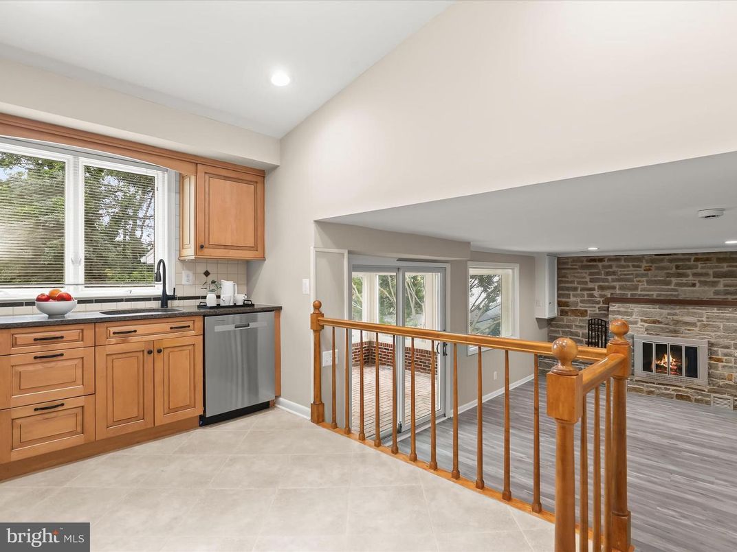 Fireplace, Interior, Kitchen, Recessed Lighting, Stone Walls