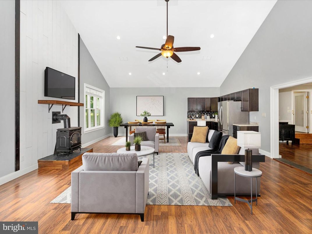 Fireplace, Interior, Kitchen, Living room, Recessed Lighting, Stainless Steel Appliances, Wood Texture Flooring