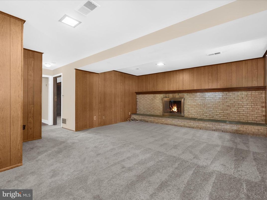 Empty room, Fireplace, Interior, Recessed Lighting, Stone Walls, Wooden Walls