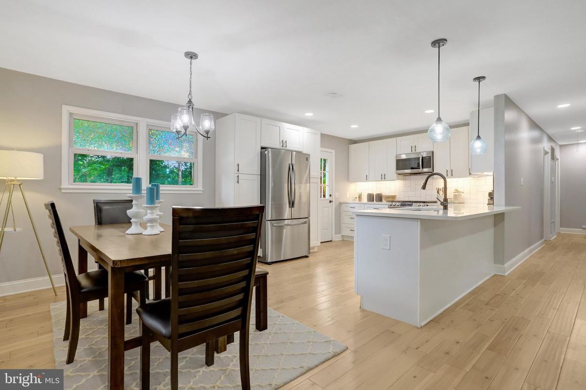 Dining room, Interior, Kitchen, Pendant Lights, Recessed Lighting, Stainless Steel Appliances, Wood Texture Flooring