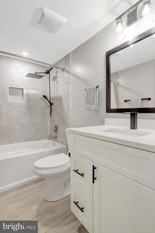Bathroom, Dual Sink Vanities, Glass Shower, Interior, Recessed Lighting, Wood Texture Flooring