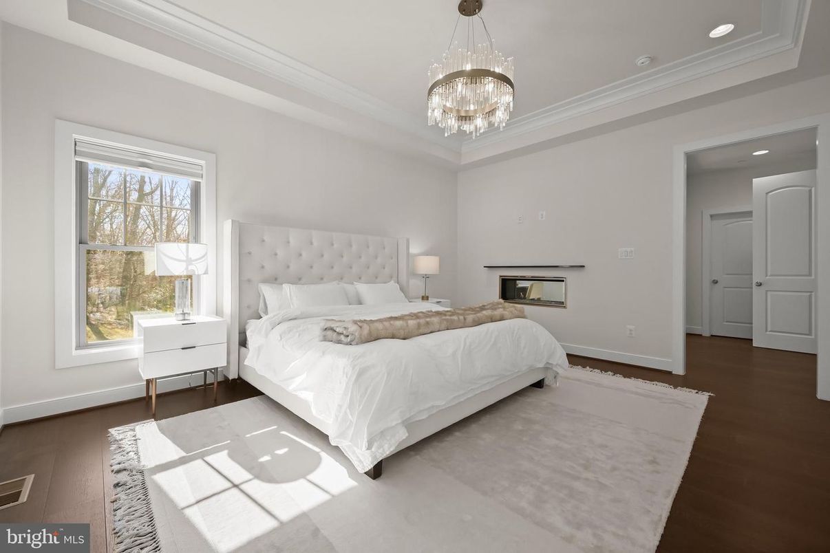 Bedroom, Chandelier, Interior, Recessed Lighting, Wood Texture Flooring