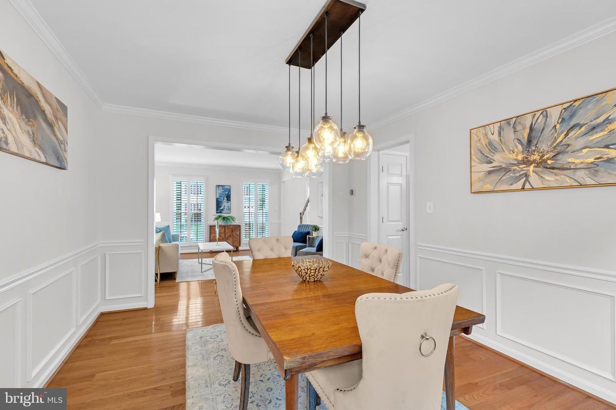 Dining room, Interior, Pendant Lights, Wood Texture Flooring