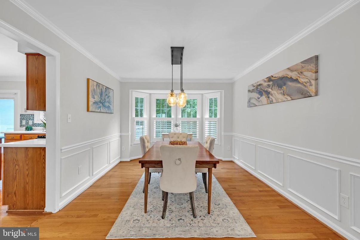 Dining room, Interior, Pendant Lights, Wood Texture Flooring