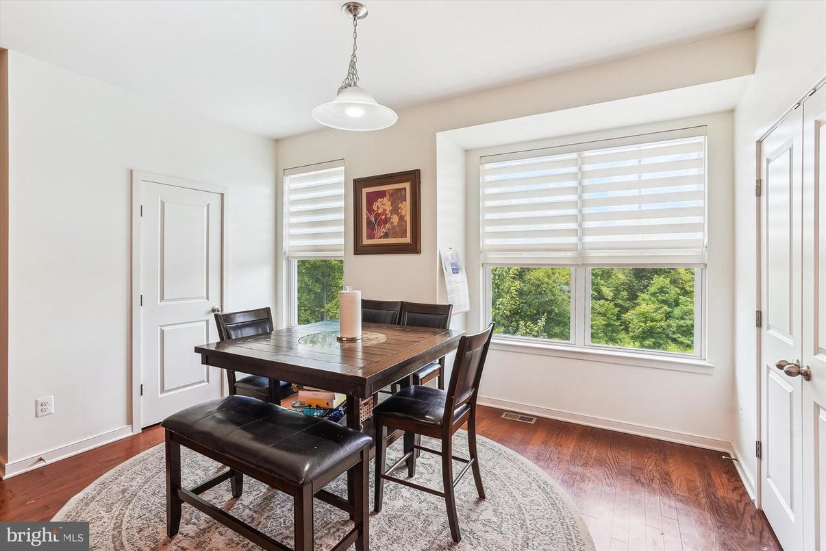 Dining room, Interior, Pendant Lights, Wood Texture Flooring