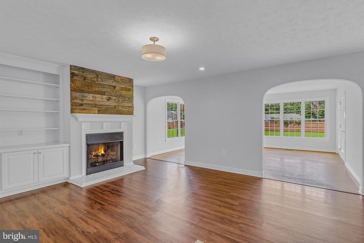 Empty room, Fireplace, Interior, Recessed Lighting, Wood Texture Flooring