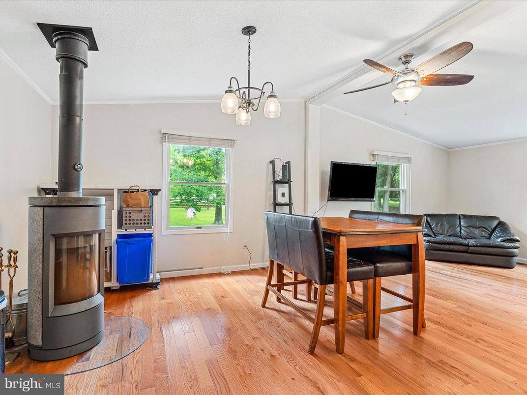 Fireplace, Home Office, Interior, Pendant Lights, Wood Texture Flooring