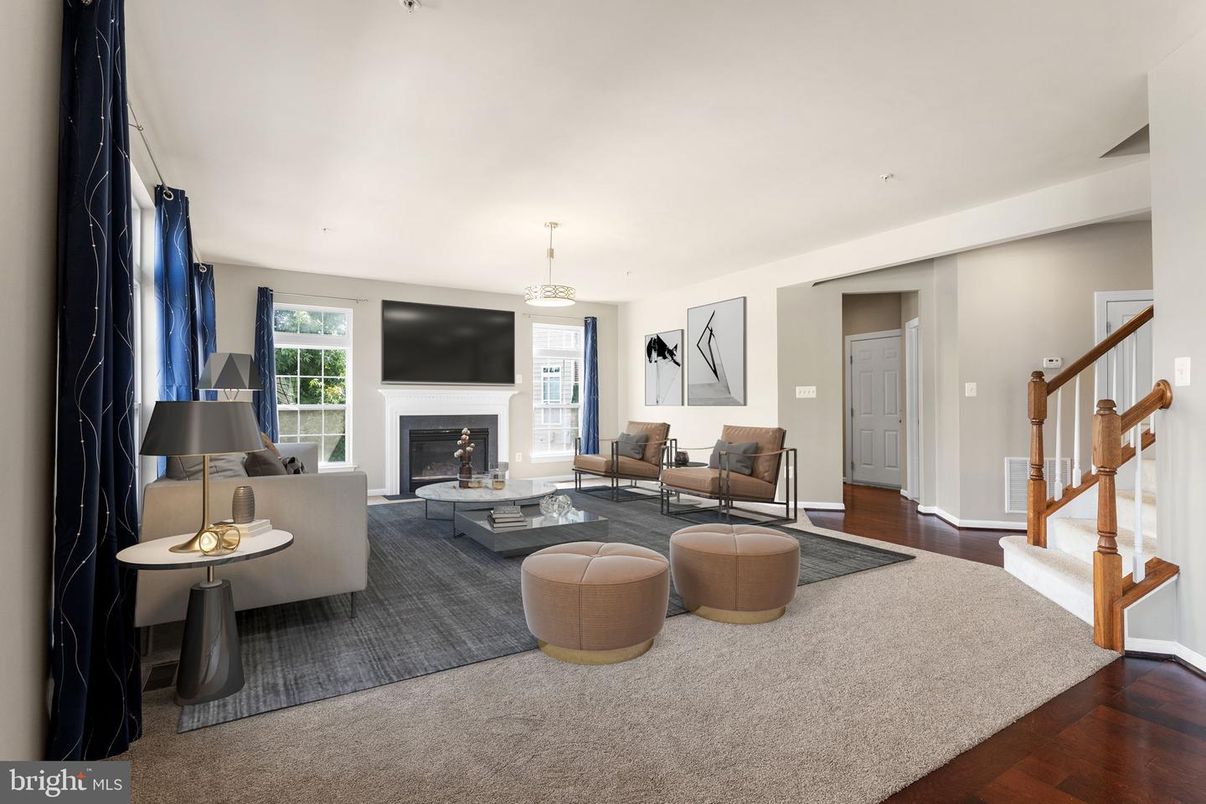 Fireplace, Interior, Living room, Pendant Lights, Wood Texture Flooring