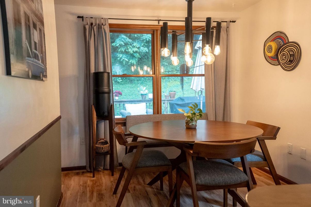 Dining room, Interior, Pendant Lights, Wood Texture Flooring