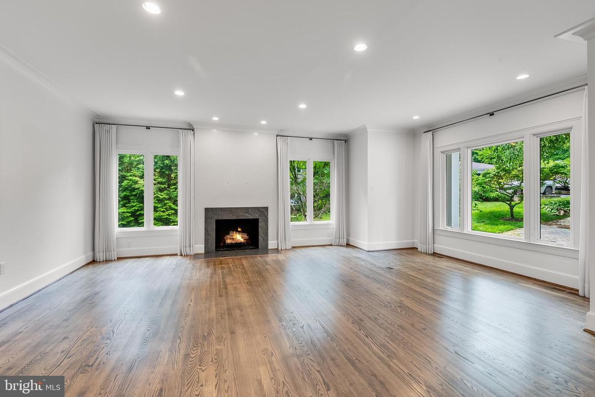 Empty room, Fireplace, Interior, Recessed Lighting, Wood Texture Flooring