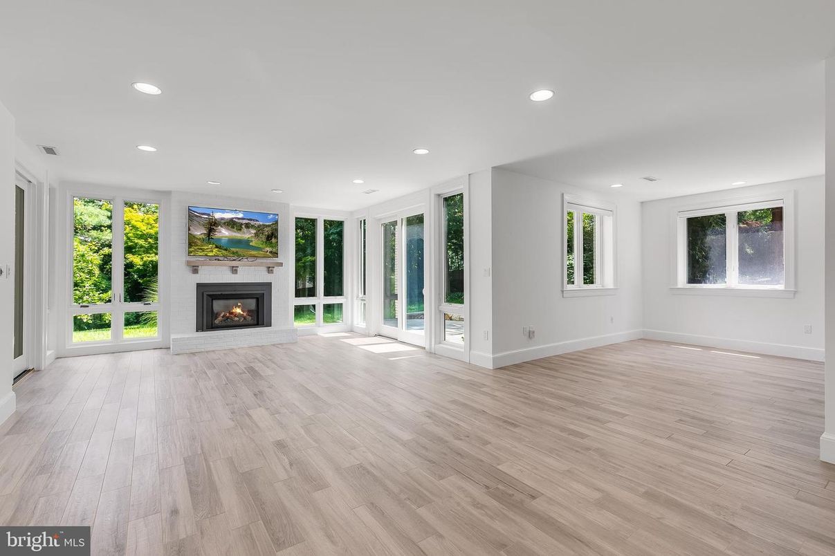 Empty room, Fireplace, Interior, Recessed Lighting, Wood Texture Flooring