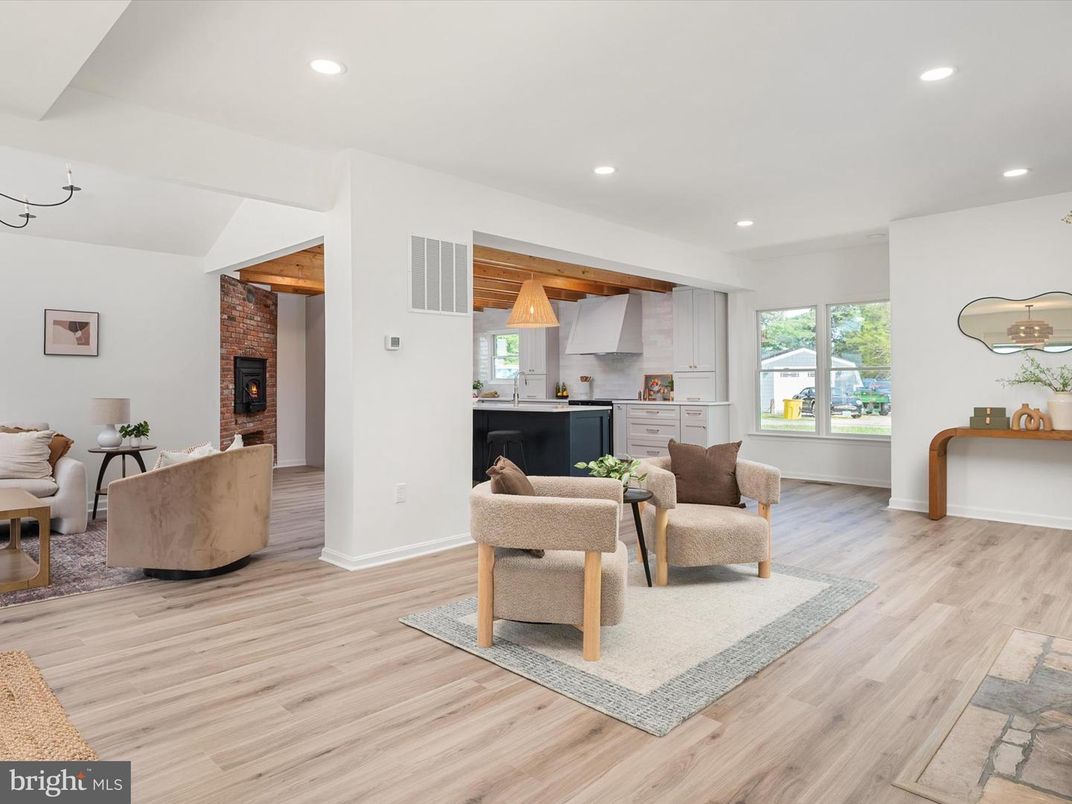 Fireplace, Interior, Kitchen, Living room, Pendant Lights, Recessed Lighting, Wood Texture Flooring