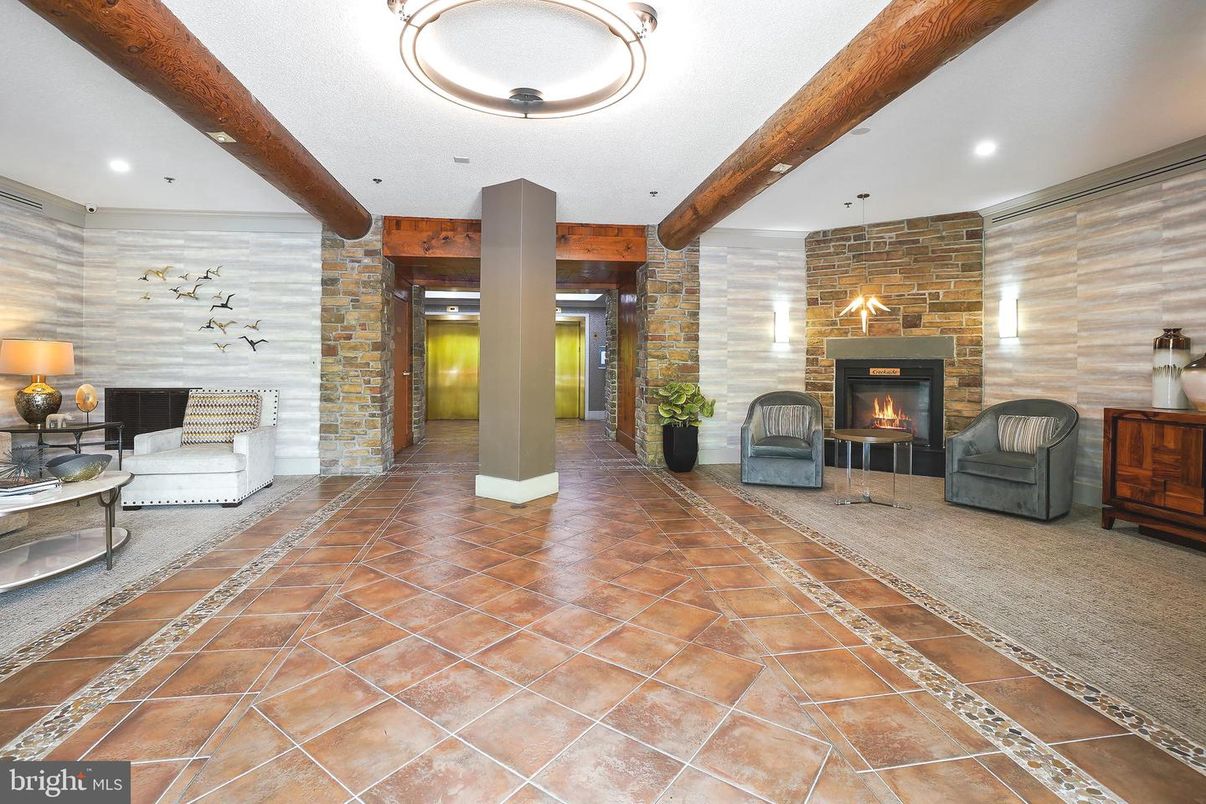 Fireplace, Interior, Pendant Lights, Recessed Lighting, Stone Walls, Wooden Beams