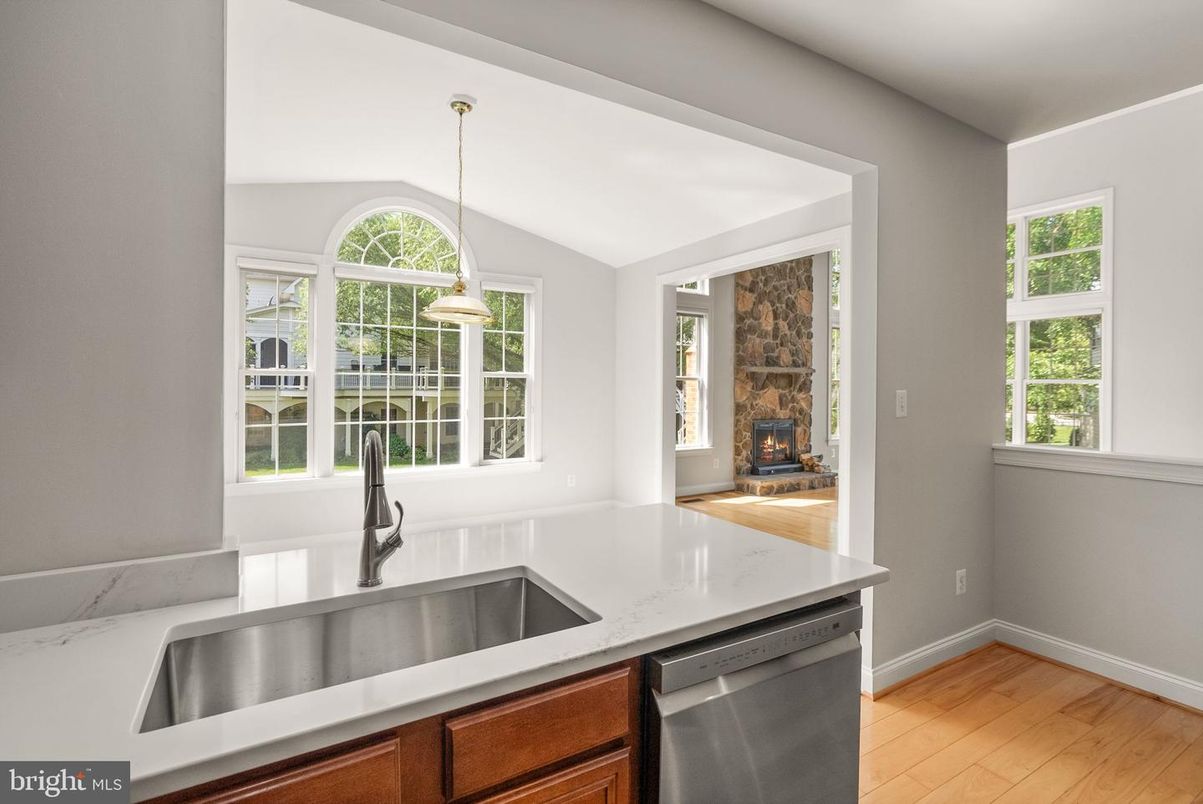 Fireplace, Interior, Kitchen, Pendant Lights, Wood Texture Flooring