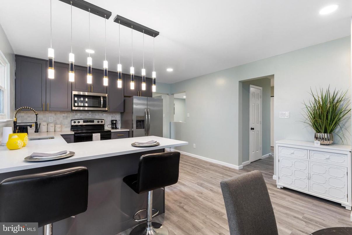 Interior, Kitchen, Pendant Lights, Recessed Lighting, Stainless Steel Appliances, Wood Texture Flooring