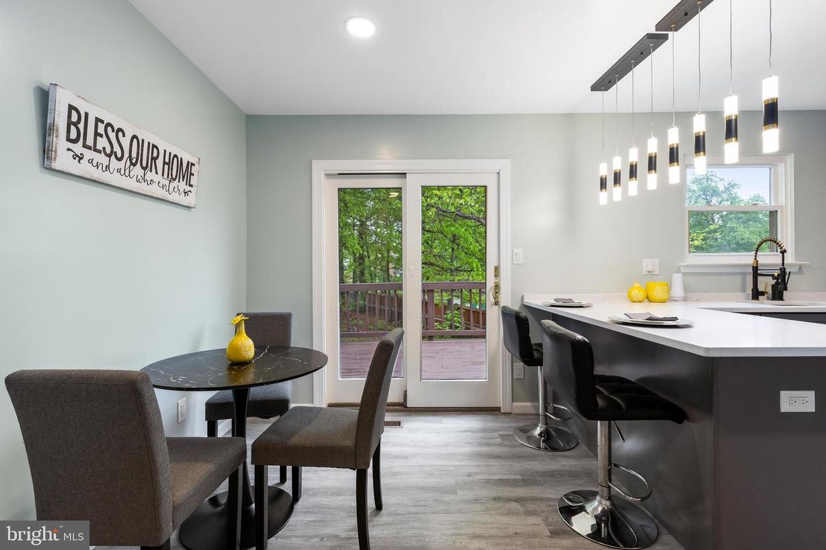 Dining room, Interior, Pendant Lights, Recessed Lighting, Wood Texture Flooring