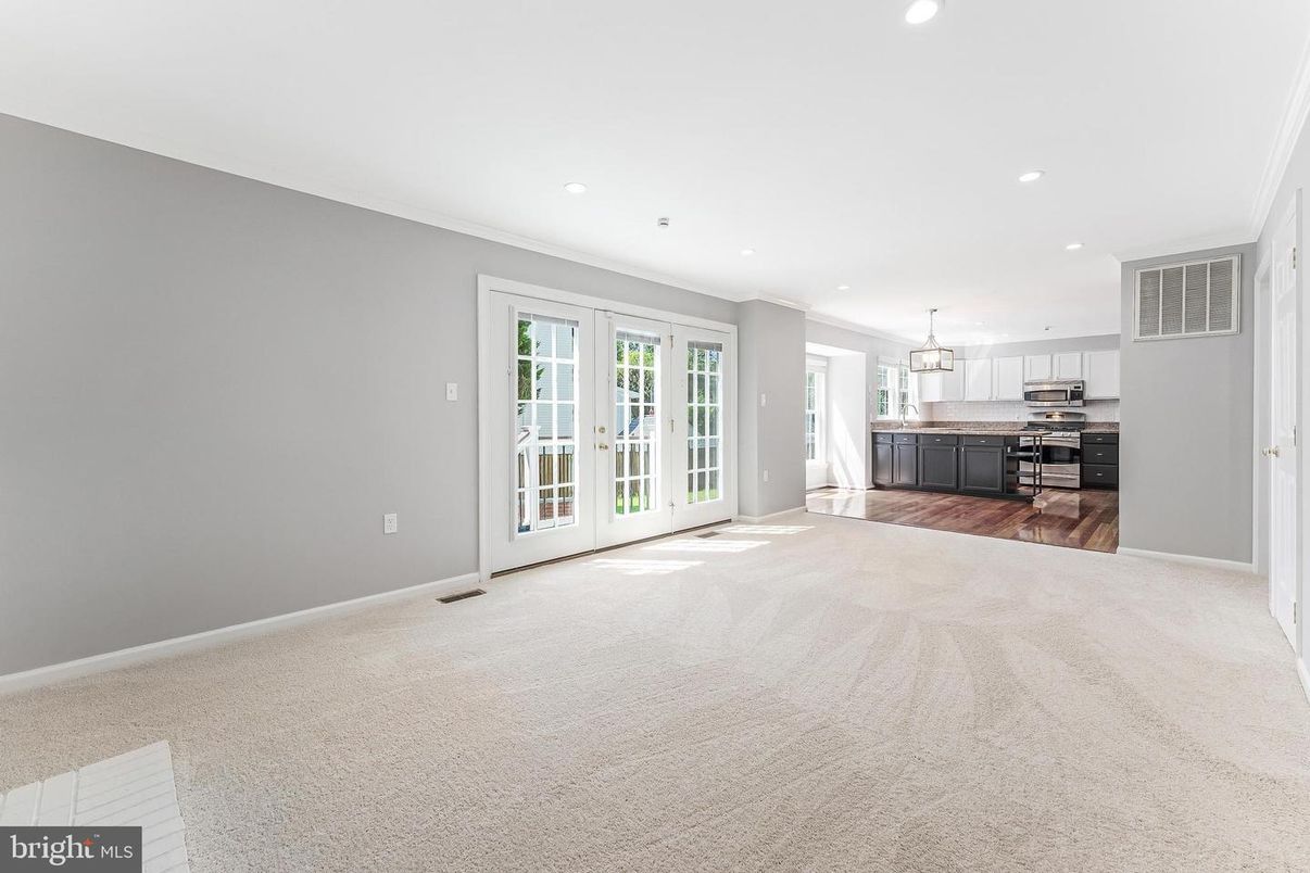 Empty room, Interior, Kitchen, Pendant Lights, Recessed Lighting, Wood Texture Flooring