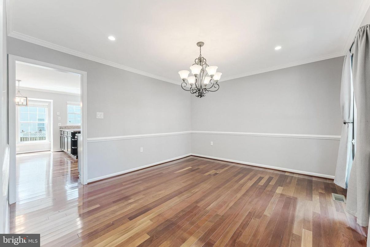 Chandelier, Empty room, Interior, Recessed Lighting, Wood Texture Flooring