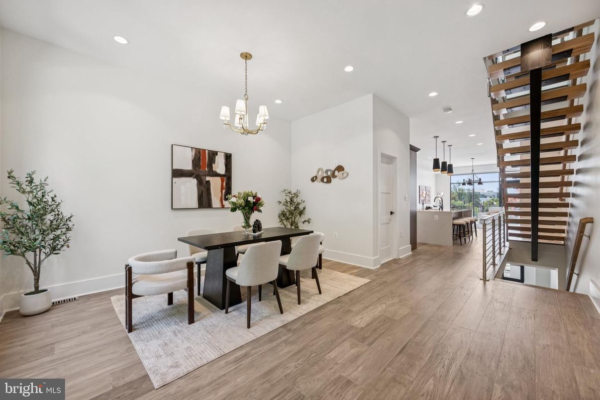 Chandelier, Dining room, Interior, Pendant Lights, Recessed Lighting, Wood Texture Flooring