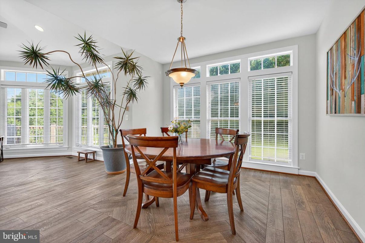 Dining room, Interior, Pendant Lights, Recessed Lighting, Wood Texture Flooring