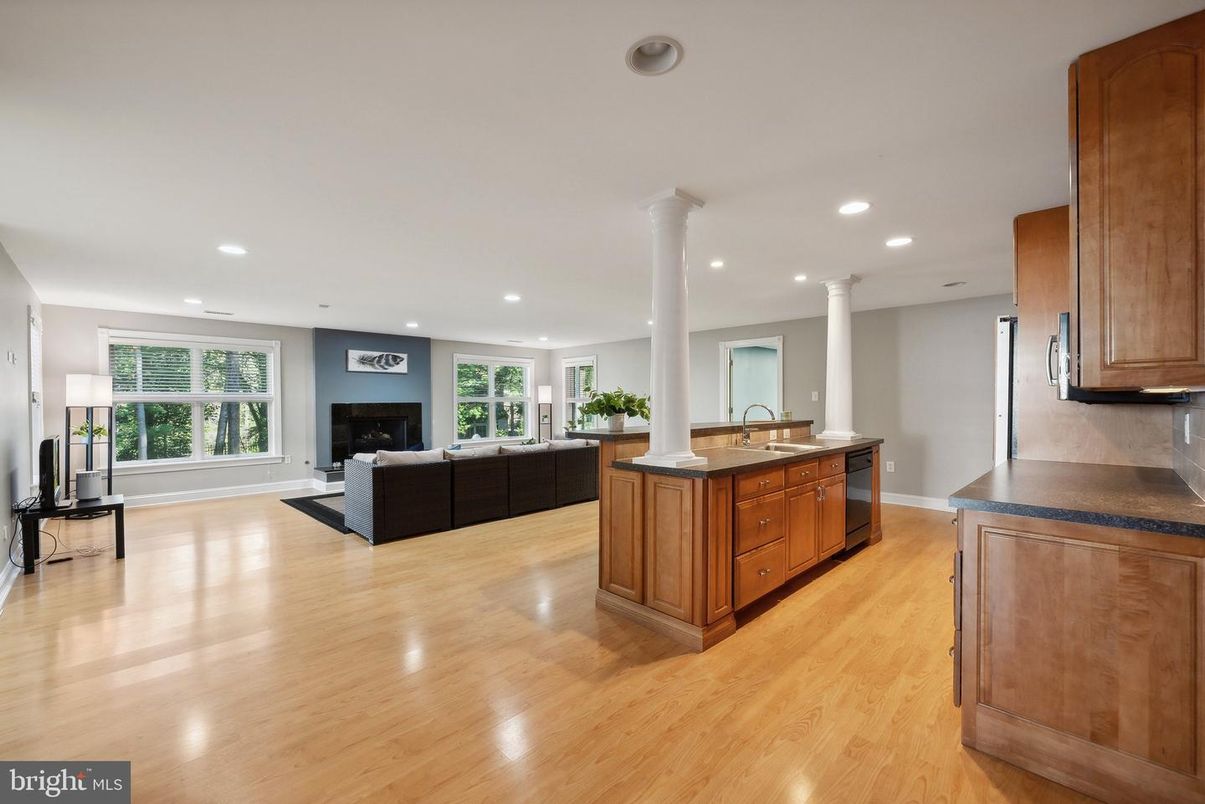 Fireplace, Interior, Kitchen, Living room, Recessed Lighting, Wood Texture Flooring